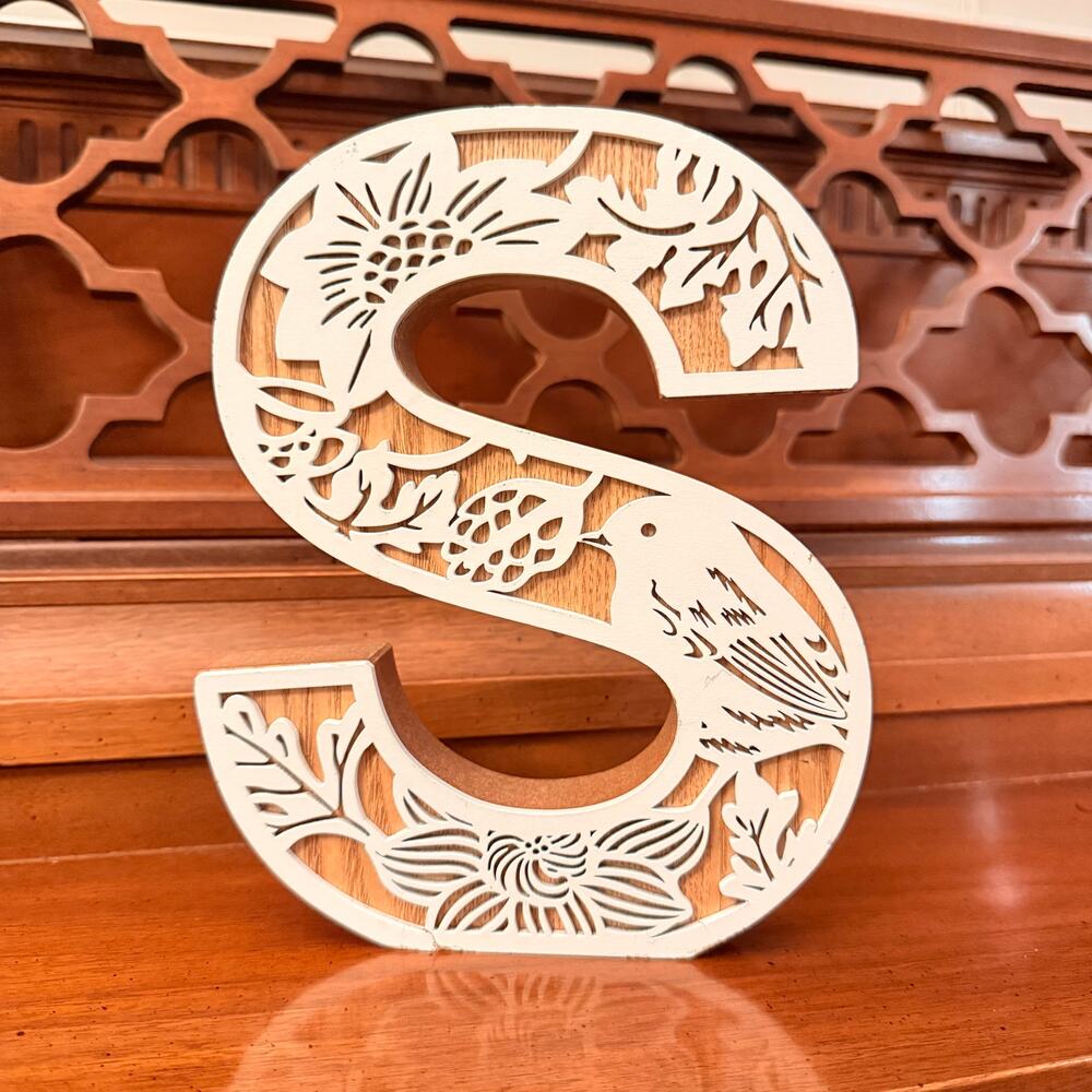 Decorative Letter S Floral Bird Wood Monogram White & Natural 8” Decor